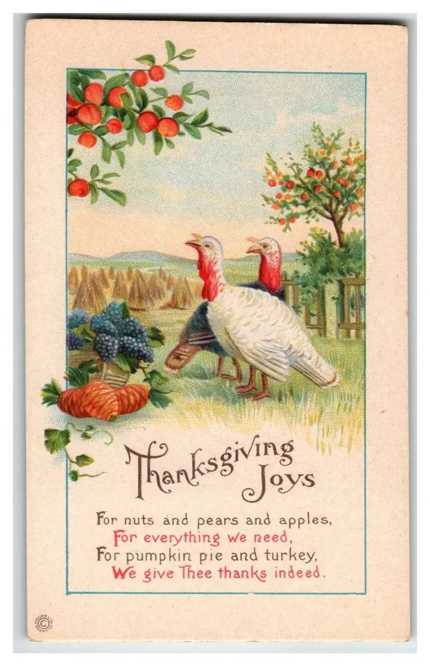 Vintage Thanksgiving Joys Postcard Turkeys Autumn Harvest Poem Embossed USA